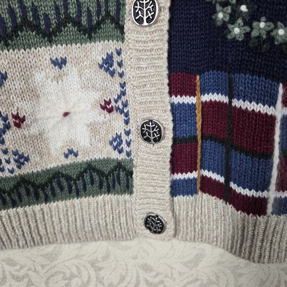 VTG Nutcracker Cardigan Sweater sz L Beige Multi Cabincore Cottagecore Holiday - Picture 5 of 14